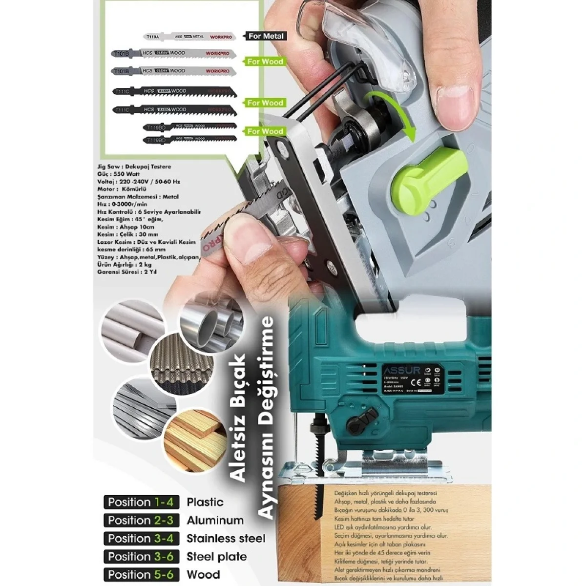 Assur Profesyonel 550W Devir Ayarlı Dekupaj Testere Makinesi
