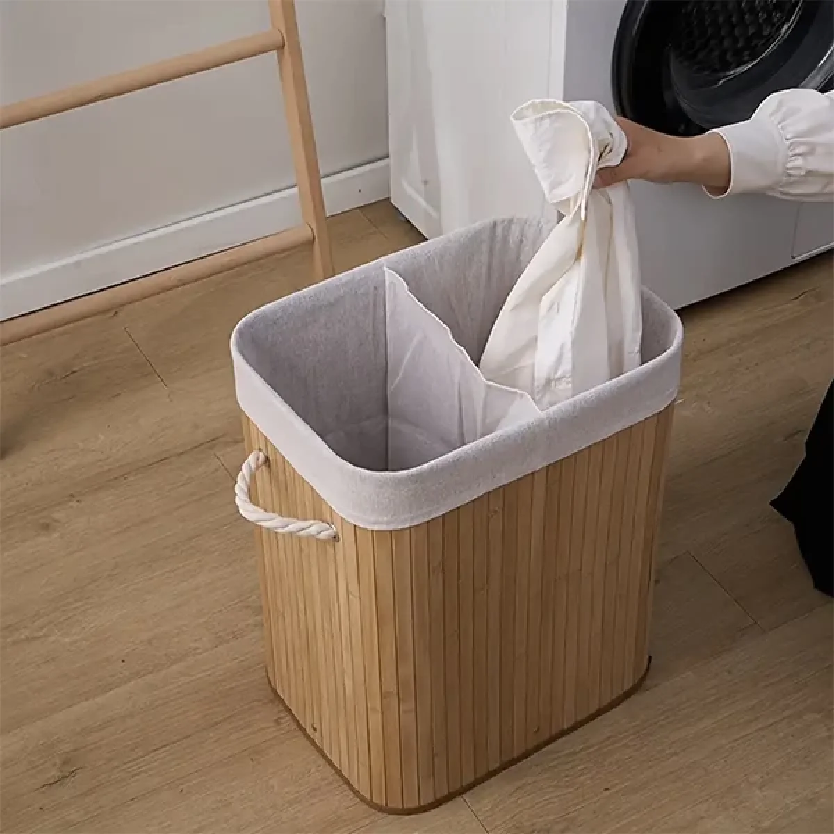 Bambu Natürel Çift Hazneli Çamaşır Sepeti 2 Li Kirli Sepeti