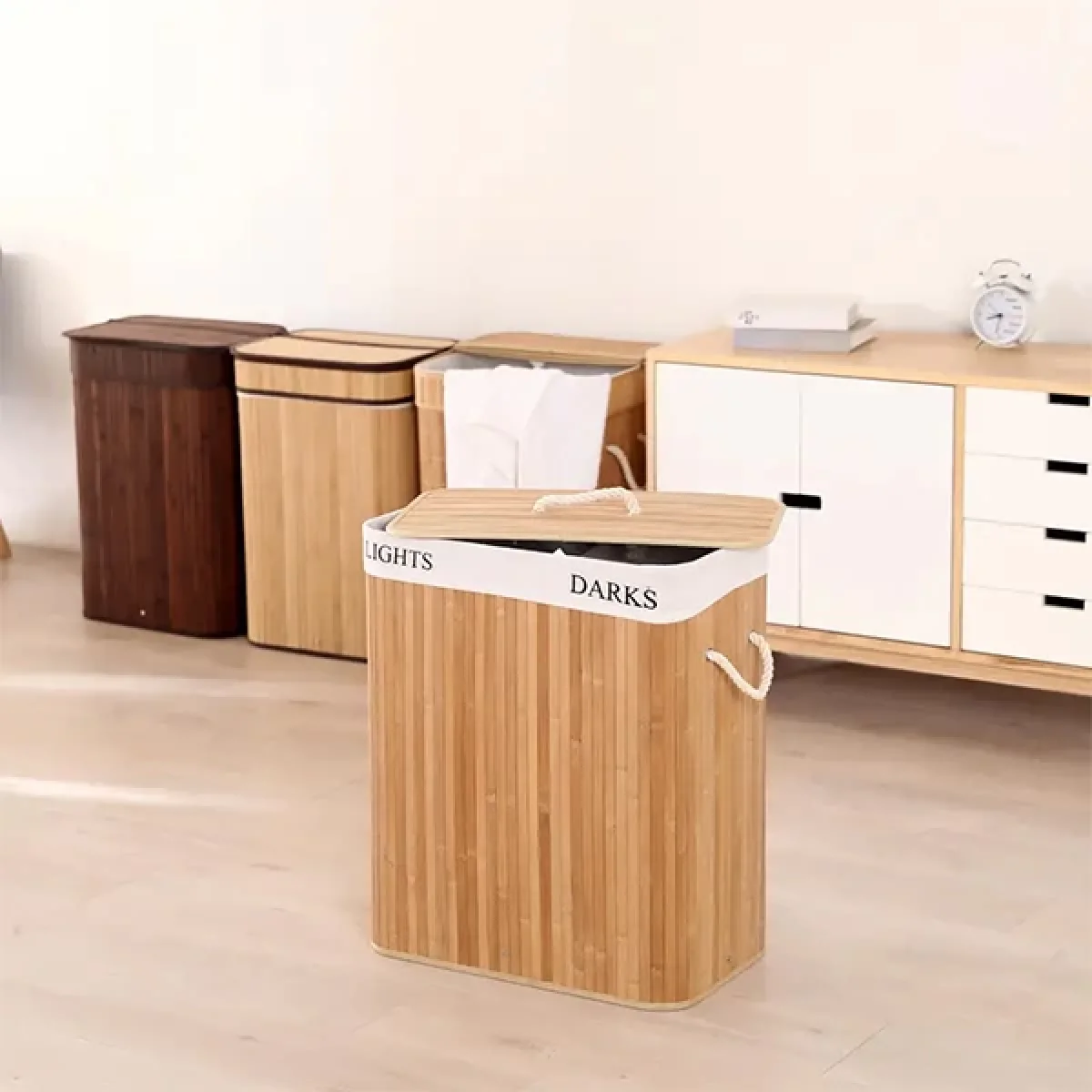 Bambu Natürel Çift Hazneli Çamaşır Sepeti 2 Li Kirli Sepeti