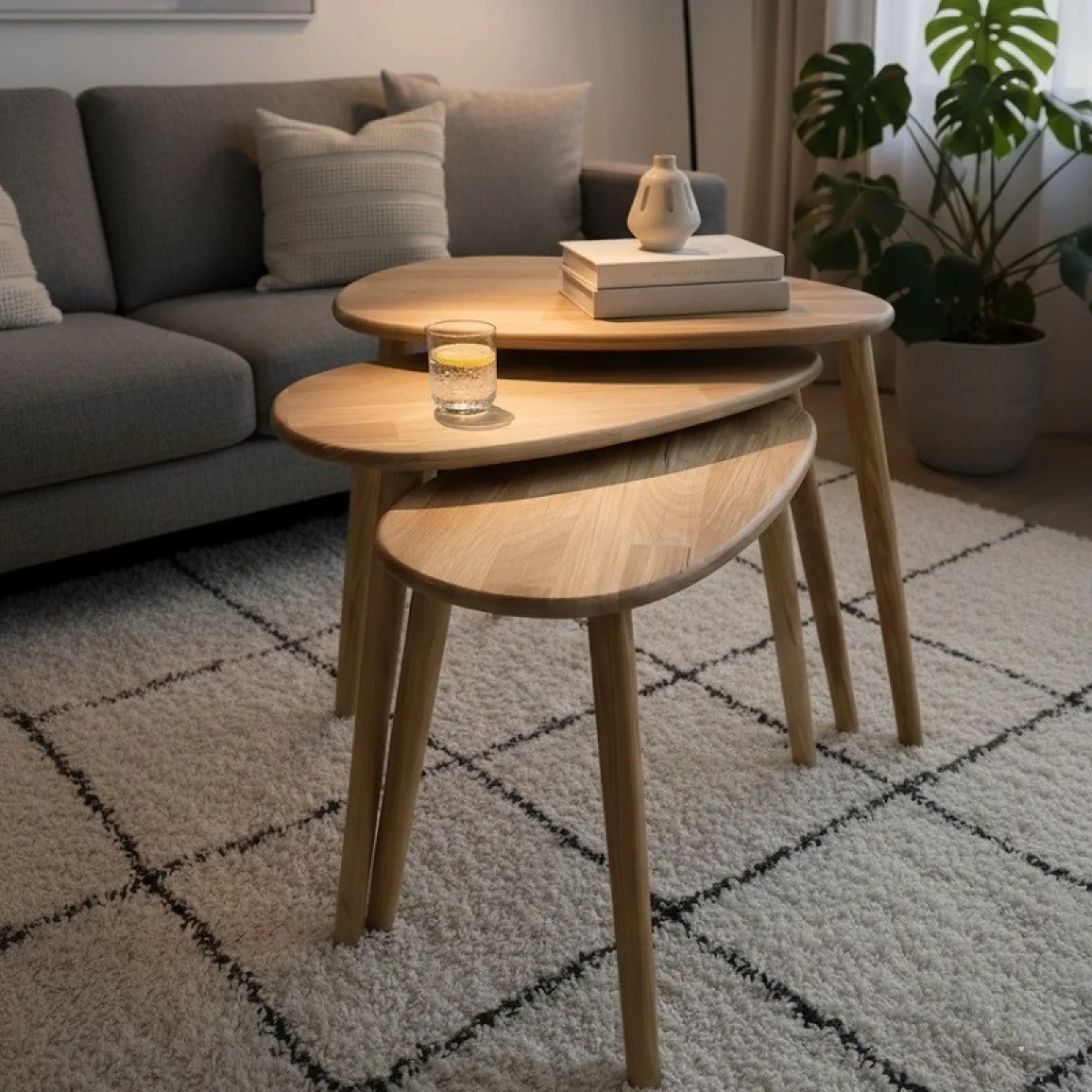 Bemerg Luna 3 Lü Zigon Sehpa Masif Kayın Ahşap Nordic Series