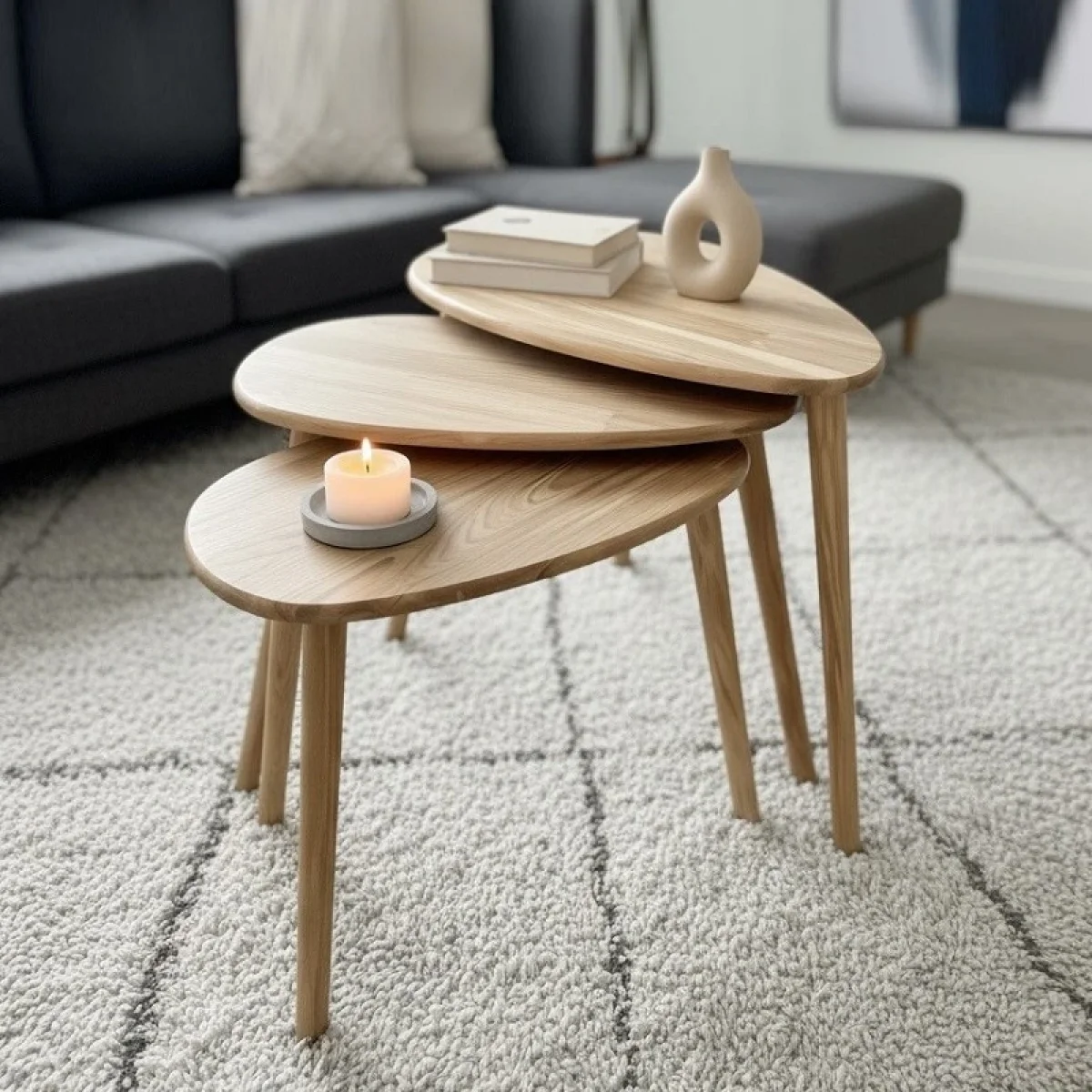 Bemerg Luna 3 Lü Zigon Sehpa Masif Kayın Ahşap Nordic Series