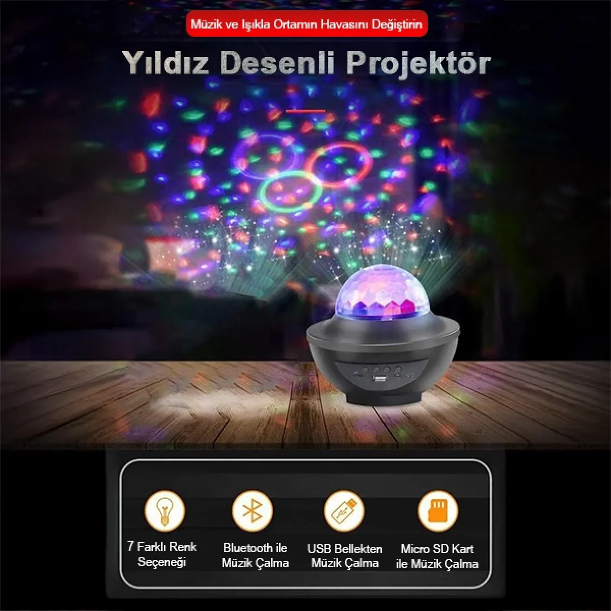 Bluetooth Hoparlör Parti Lambası Projeksiyon Disko Topu