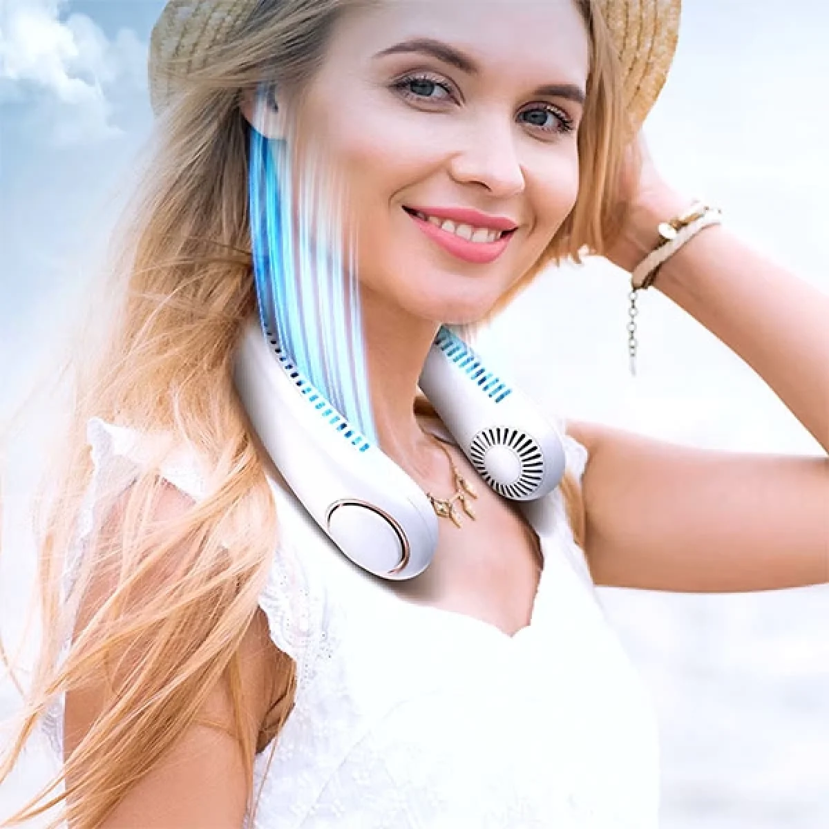 Boyun Askılı Şarjlı Fan Vantilatör Serinletici Beyaz