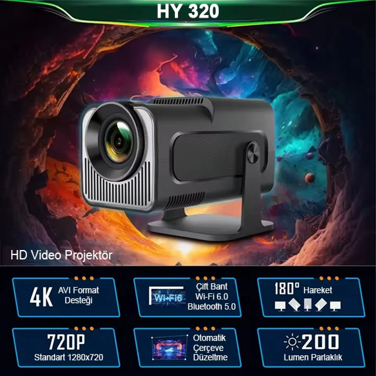 Hy320 Siyah Taşınabilir Sinema Projektörü 4K 1080p Bluetooth Android Projeksiyon