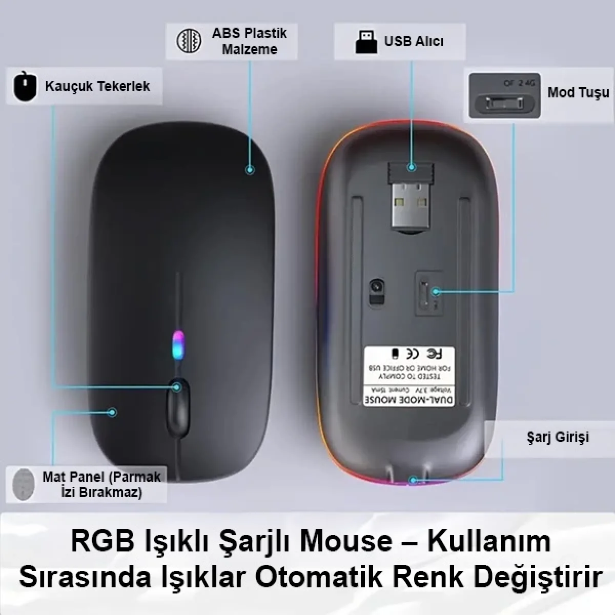 Kablosuz Fare Wireless Mouse 4 Tuşlu Sessiz Şarj Edilebilir Dpı Kontrol