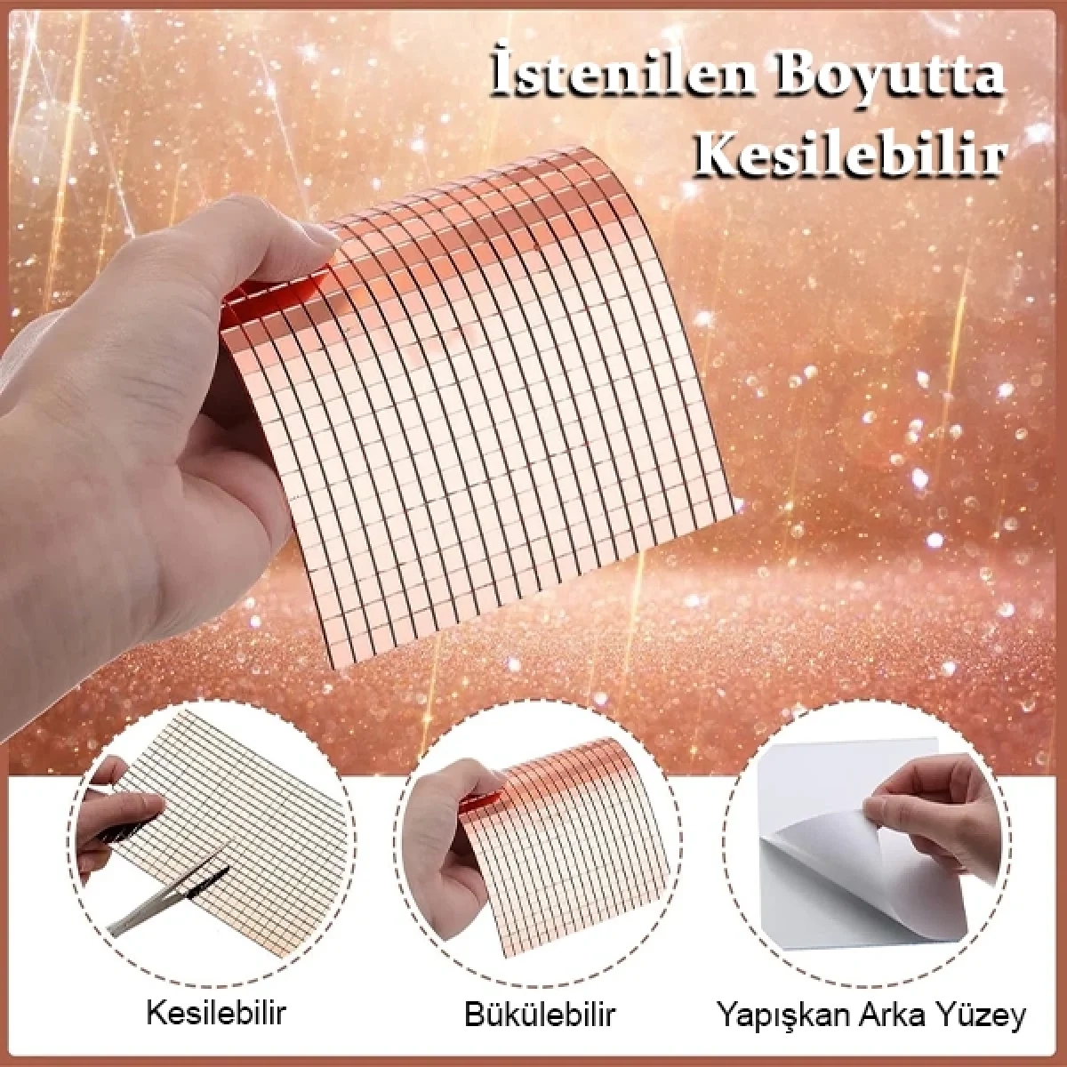 Kare Kendinden Yapışkanlı Aynalı Mozaik Dekor Taşları Disko Taşı Panel 30 x 30 Cm Bronz