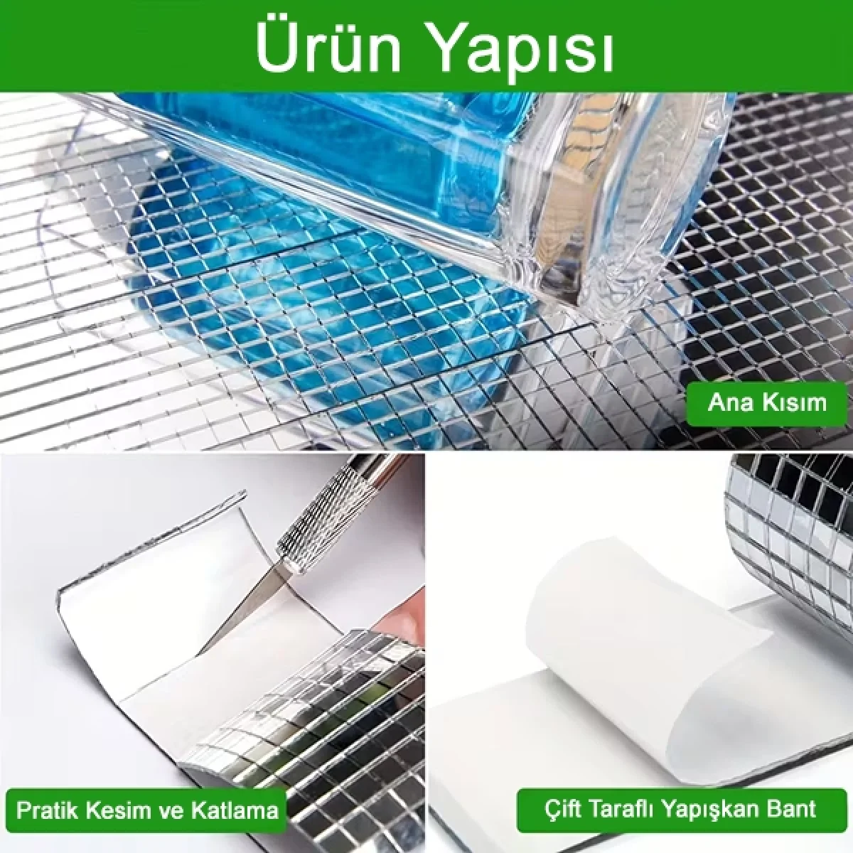 Kendinden Yapışkanlı Aynalı Mozaik Taşlı Dekor Bandı Disko Taşları 1 Metre Gümüş Renk