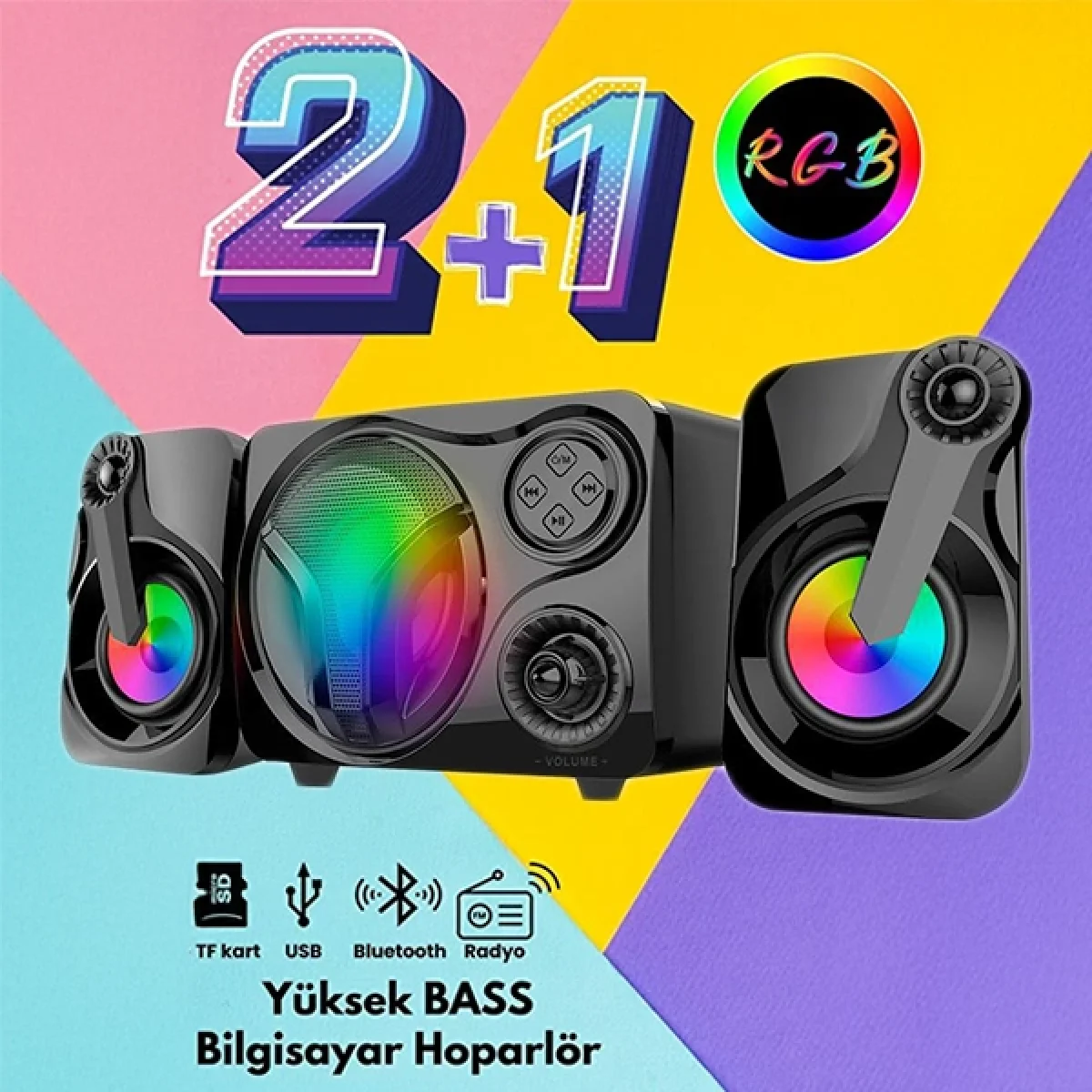 Leerfei SP-60 Usb SD Kart FM Radyo Karaoke Bluetooth Rgb Işıklı 2.1 Ses Sistemi Güçlü Ses