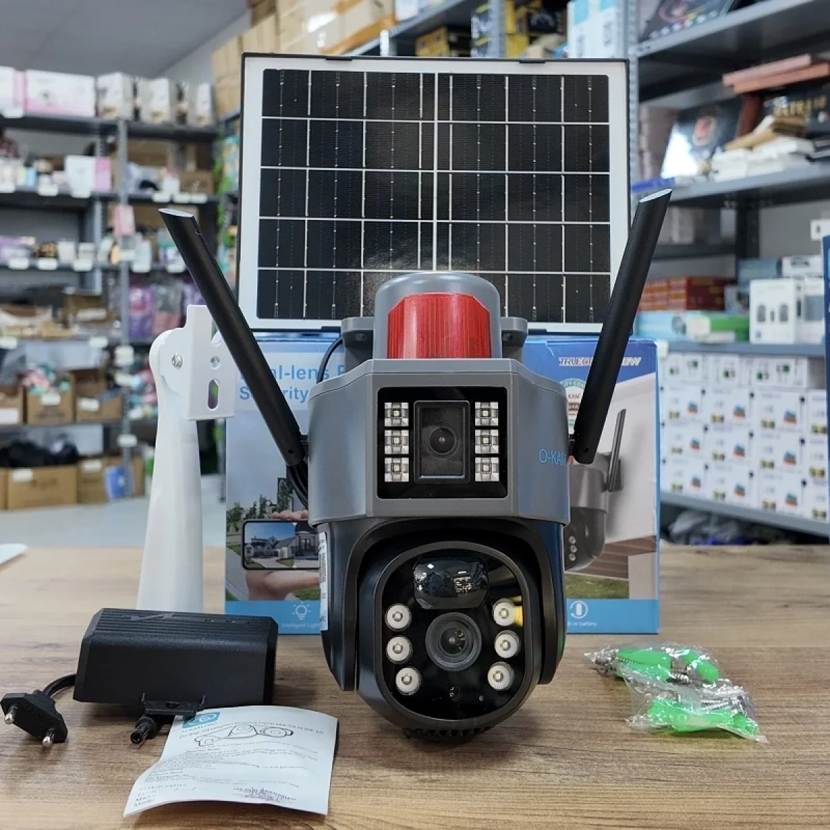 O-Kam 7015 4G Sim Kart Özellikli 360 Dönebilen Ultra HD Çift Lens Güneş Panelli Solar Güneş Enerjili Sirenli Güvenlik Kamerası