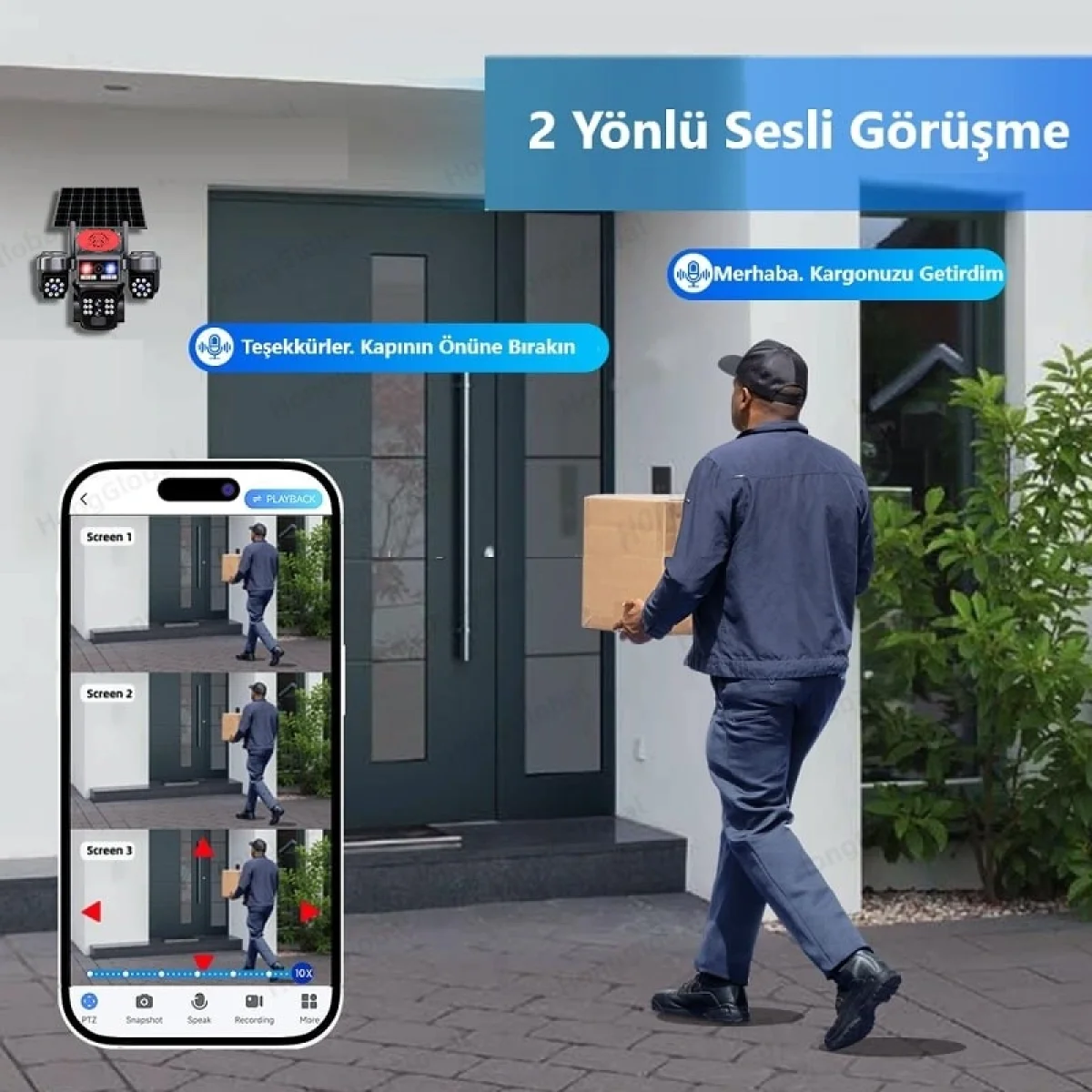 O-Kam Pro Solar Güneş Enerjili 4G Sim Kart Özellikli 3 Kameralı Ultra HD 360 Dönebilen Kablosuz Kamera Sesli Görüşme Renkli Gece Görüşü