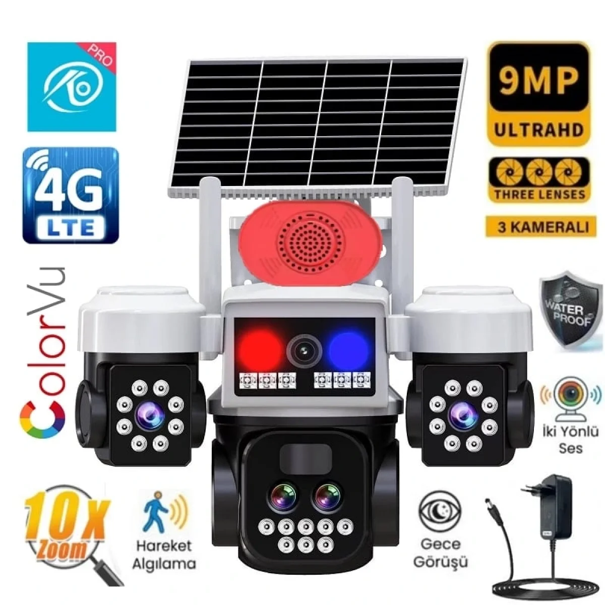 O-Kam Pro Solar Güneş Enerjili 4G Sim Kart Özellikli 3 Kameralı Ultra HD 360 Dönebilen Kablosuz Kamera Sesli Görüşme Renkli Gece Görüşü