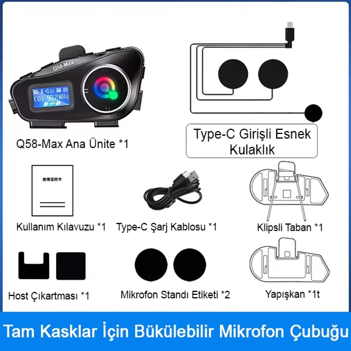 Q58 Max Kablosuz Motosiklet Kaskı İnterkom Kulaklık Çift Sürücü İletişimi 500m Işıklı Mp3 FM Radyo
