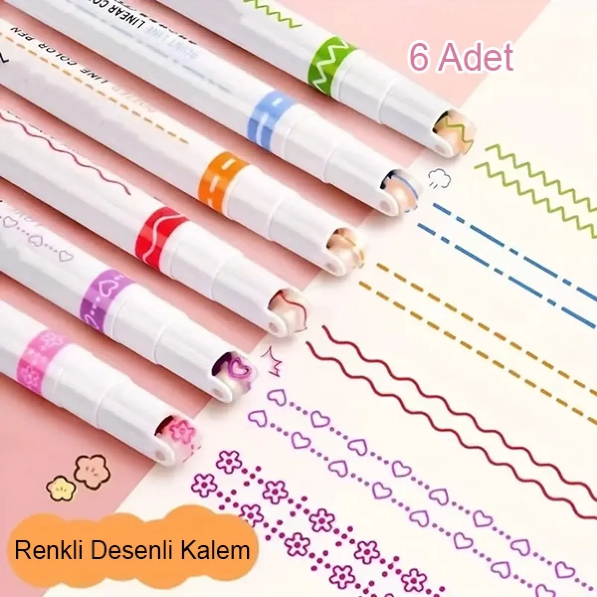 Renkli Şekilli Desen Baskılı 6 Lı Kalem Seti Not Alma Yazma Çizim İçin