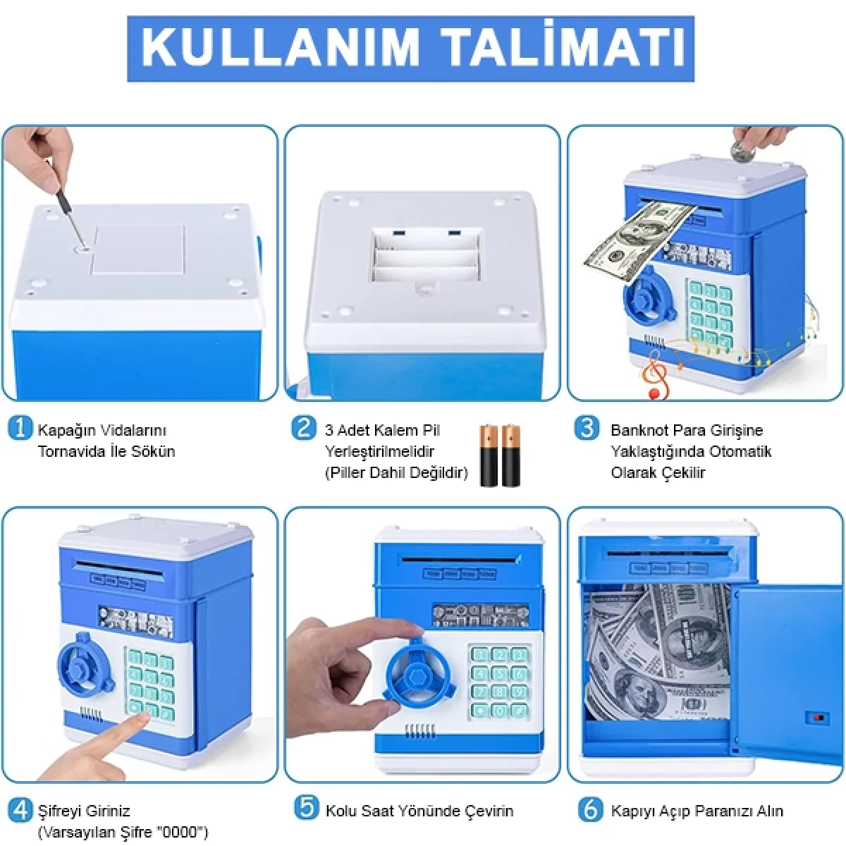 Şifreli ATM Kumbara Kasa Otomatik Mavi