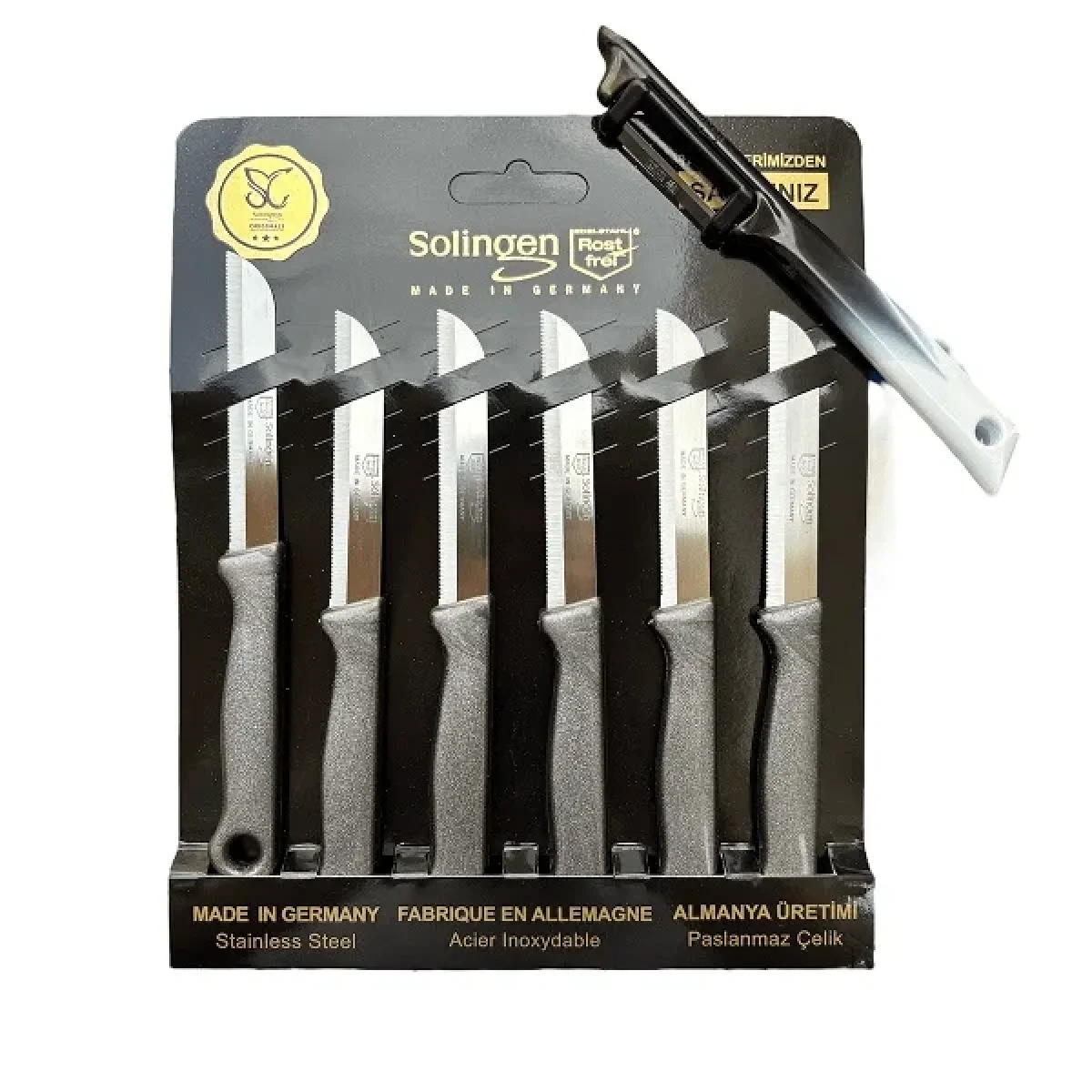 Solingen Tırtıklı Meyve Bıçağı ve Yan Soyacak Gri