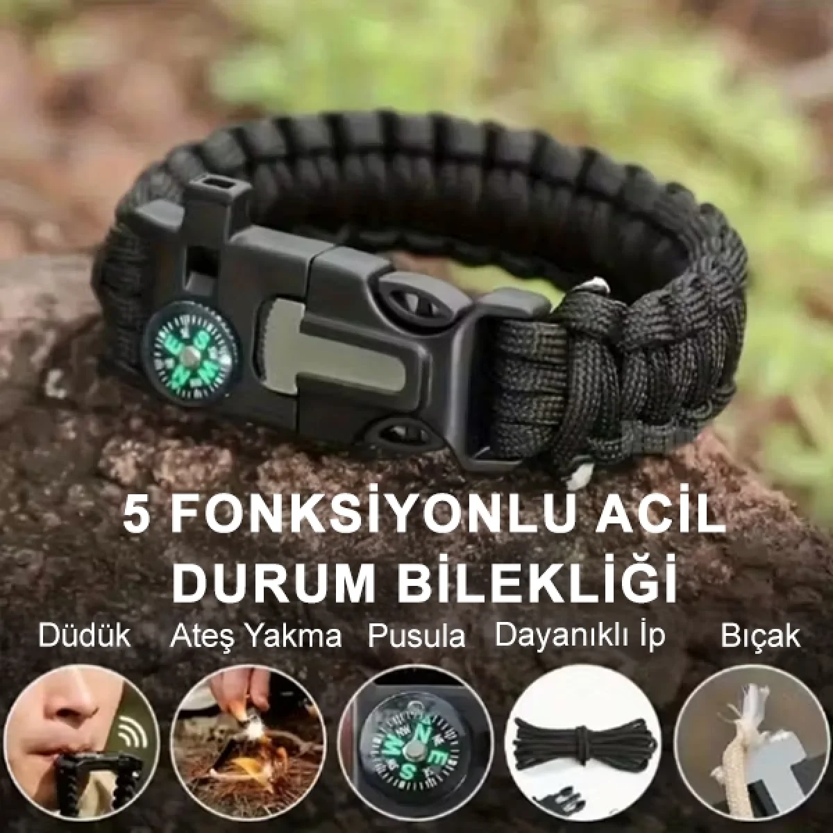 Survival Kamp Bileklik Düdük Çok Amaçlı Pusula Çakmak Keski Hayatta Kalma Bilekliği