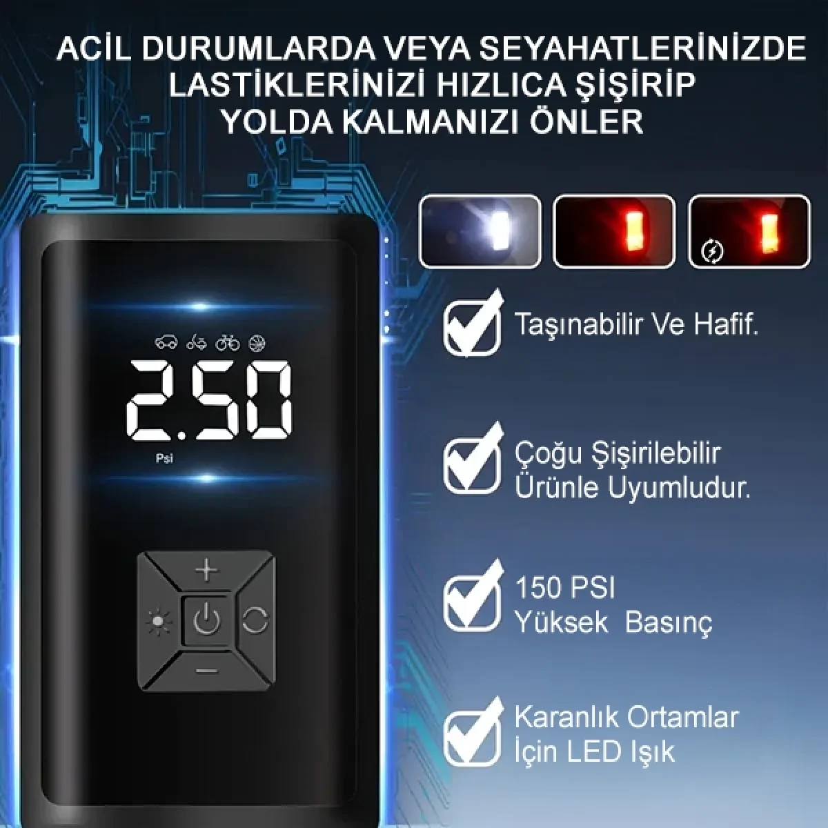 Taşınabilir Şarjlı Kompresör Lastik Hava Pompası Lastik Şişirme Pompası