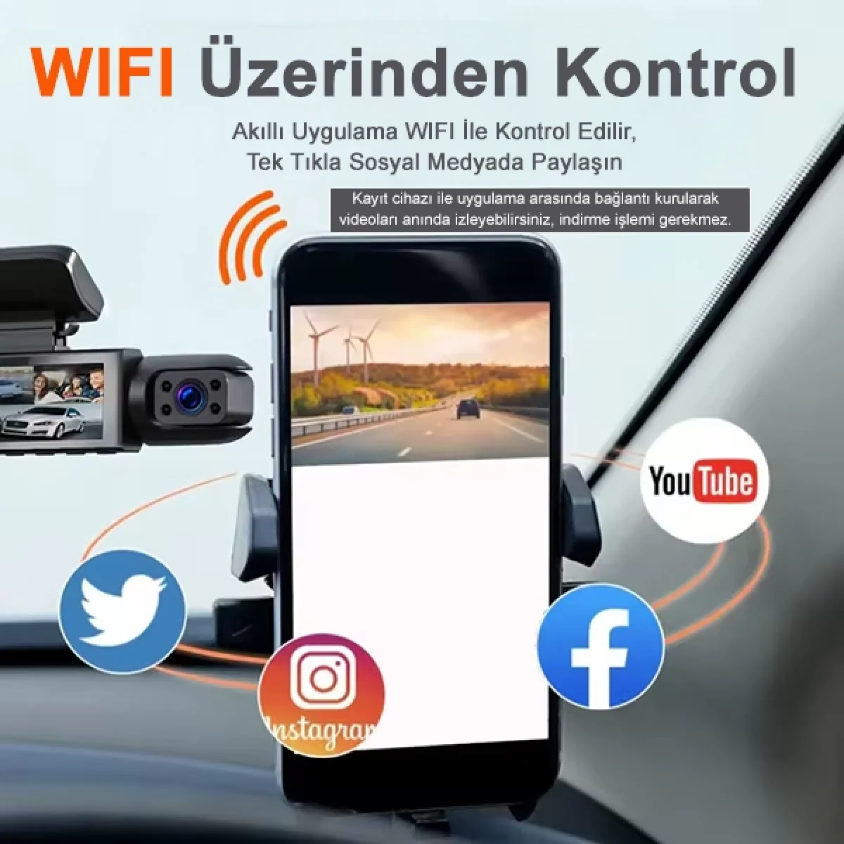 V9 1296P Super HD Çift Kameralı Wifi GPS Özellikli Araç Kamerası G Sensör Gece Görüşlü Geniş Açılı