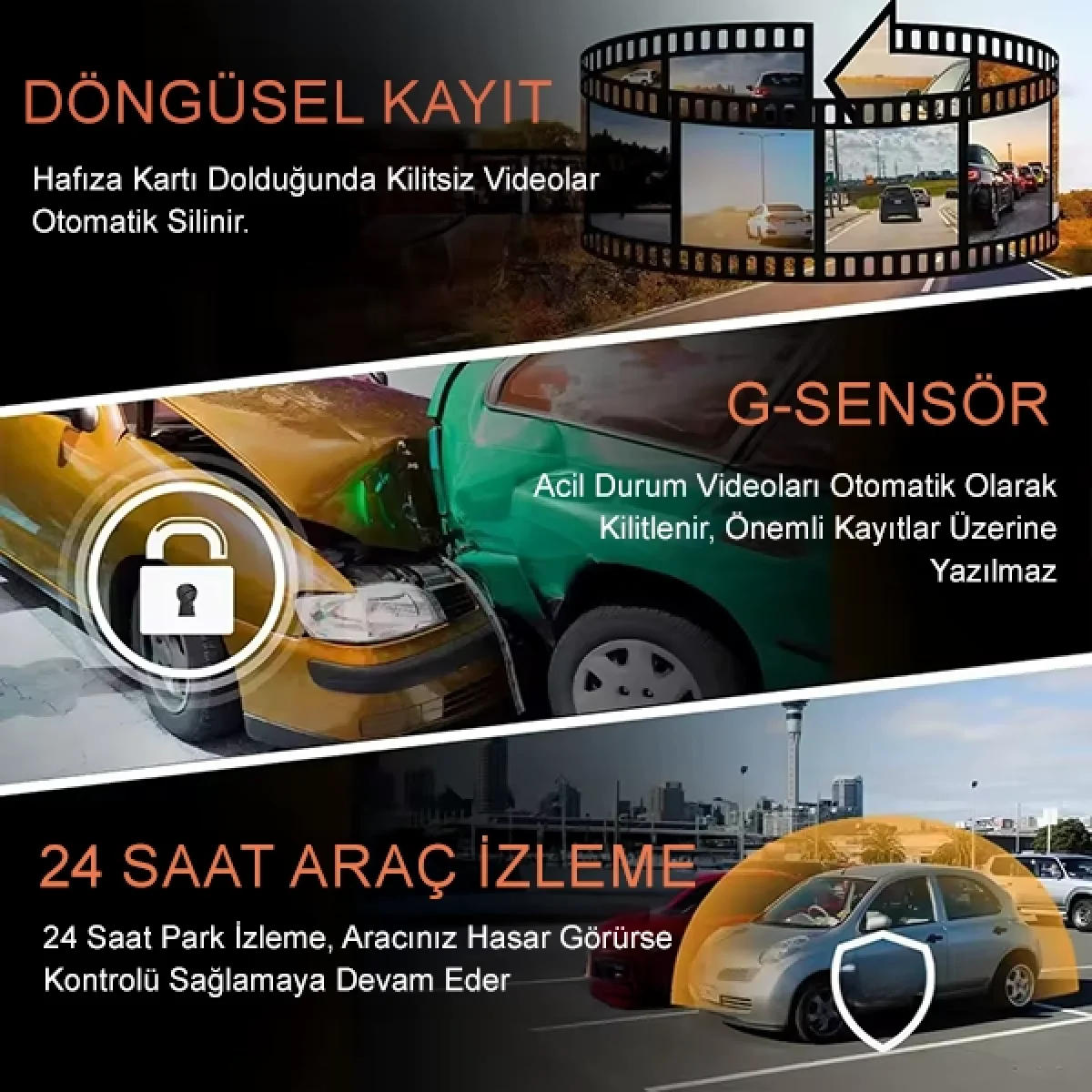 V9 1296P Super HD Çift Kameralı Wifi GPS Özellikli Araç Kamerası G Sensör Gece Görüşlü Geniş Açılı