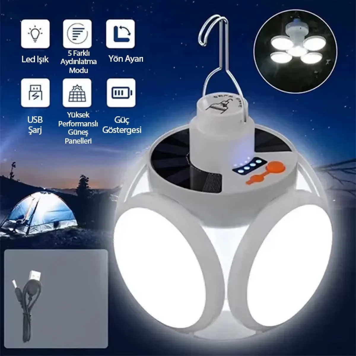 Yuvarlak Solar Led Güneş Enerjili Kamp Lambası