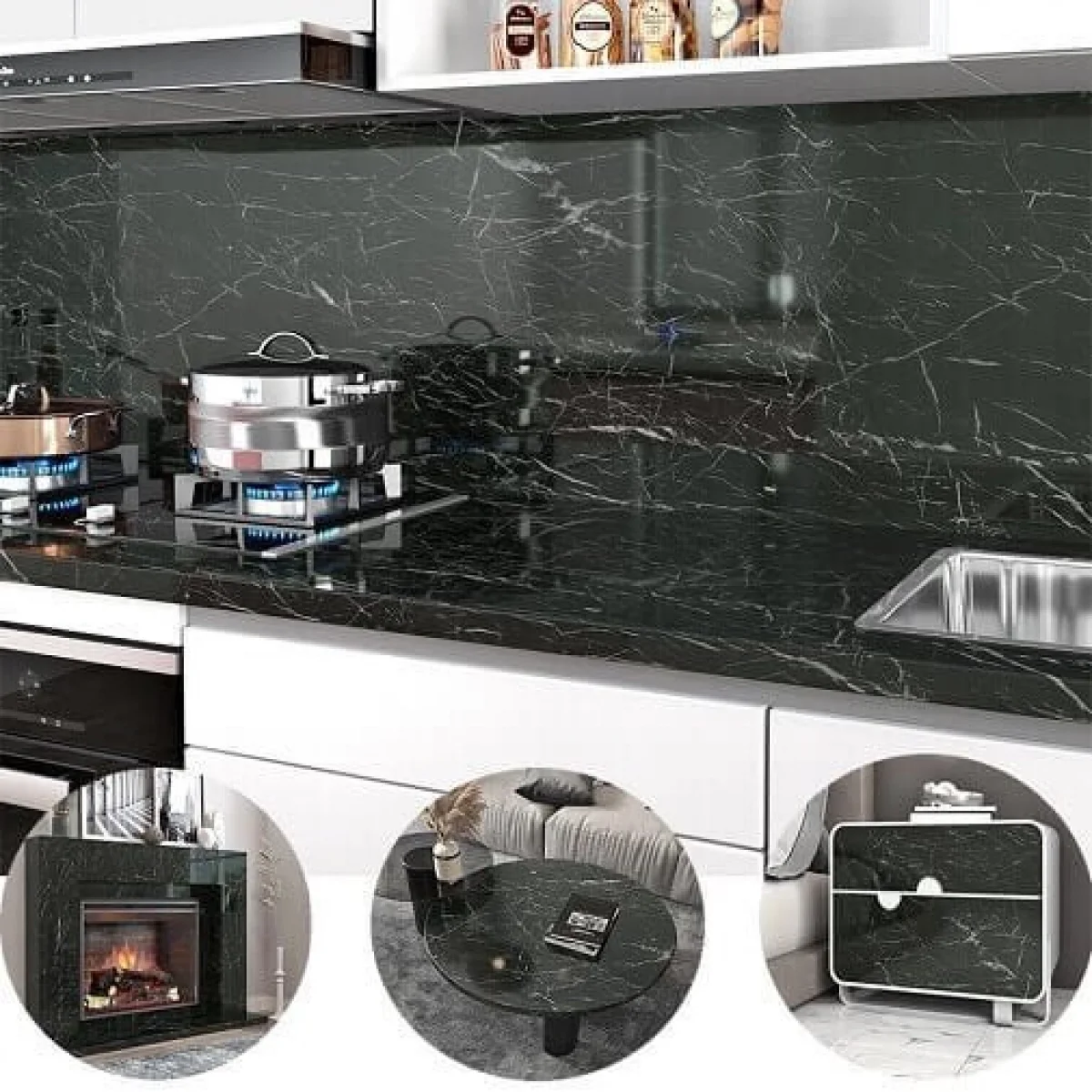 10 Mt Mermer Desenli Yapışkanlı Folyo Siyah