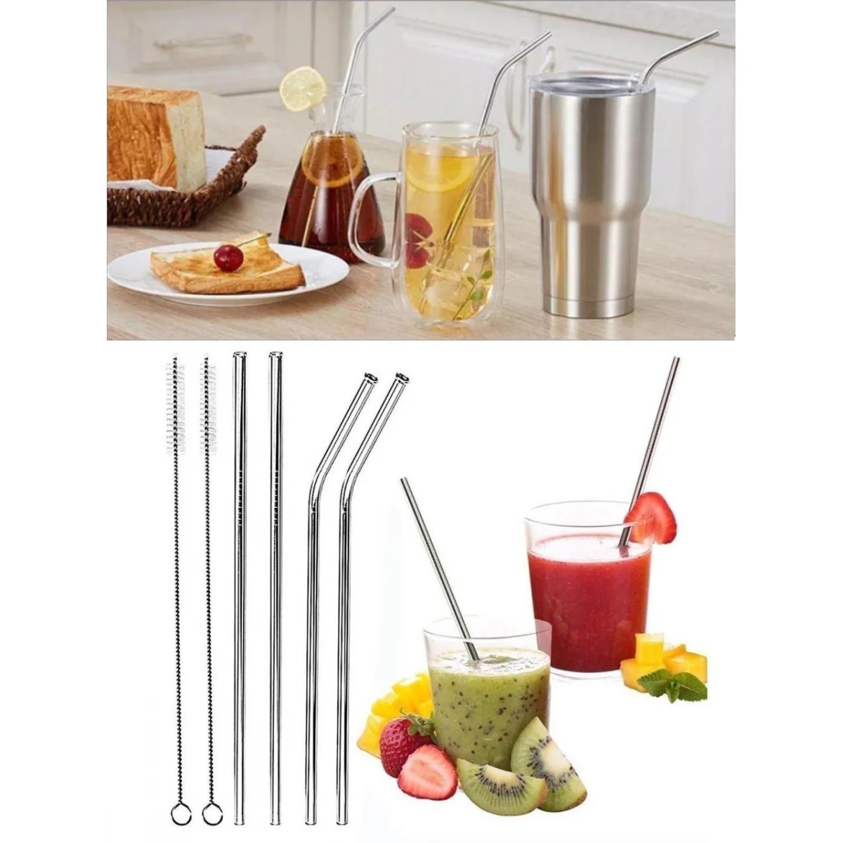 2 Li Paslanmaz Çelik Pipet ve Temizleme Fırçası