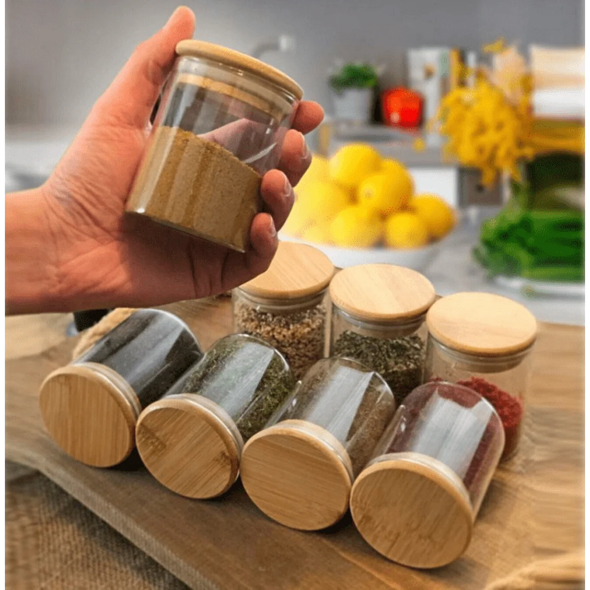 8 Li Bambu Vakum Kapaklı Mini Cam Kavanoz Seti