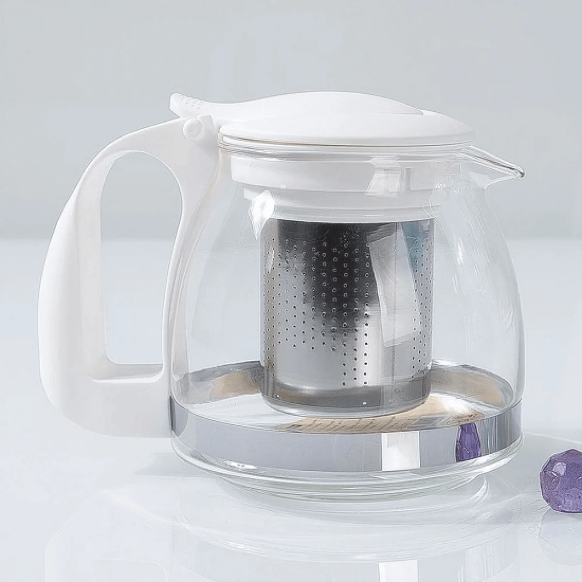 Ateşe Dayanıklı Süzgeçli Cam Demlik 700 ml Beyaz