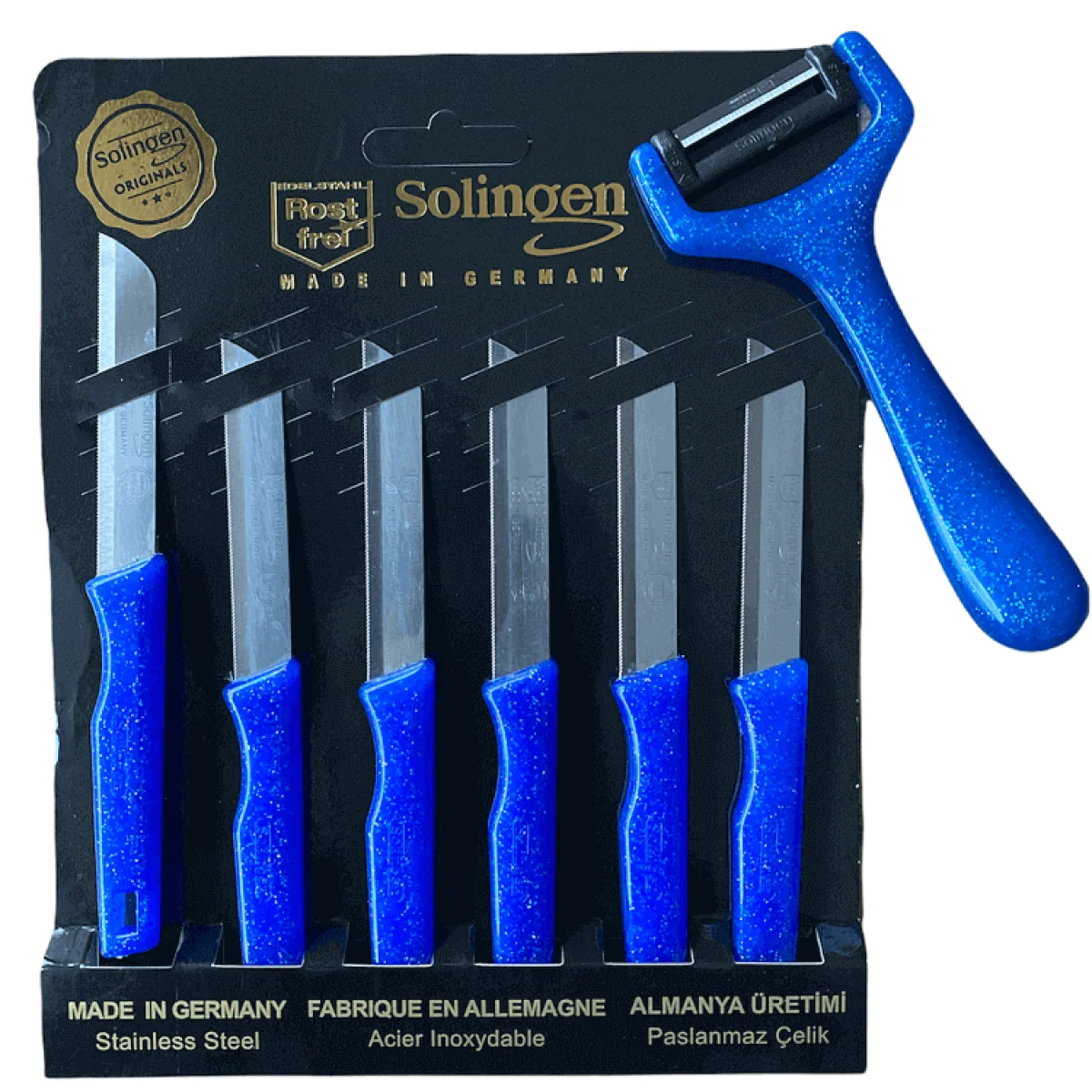 Solingen Tırtıklı Meyve Bıçağı ve Sapan Soyacak Mavi