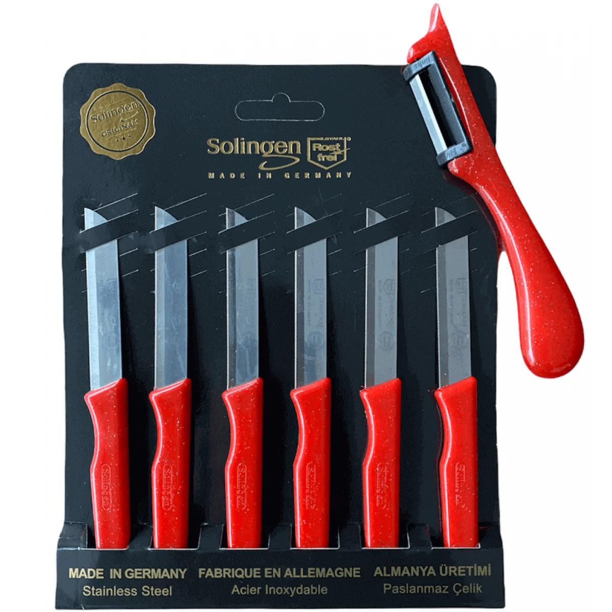 Solingen Tırtıklı Meyve Bıçağı ve Yan Soyacak Kırmızı