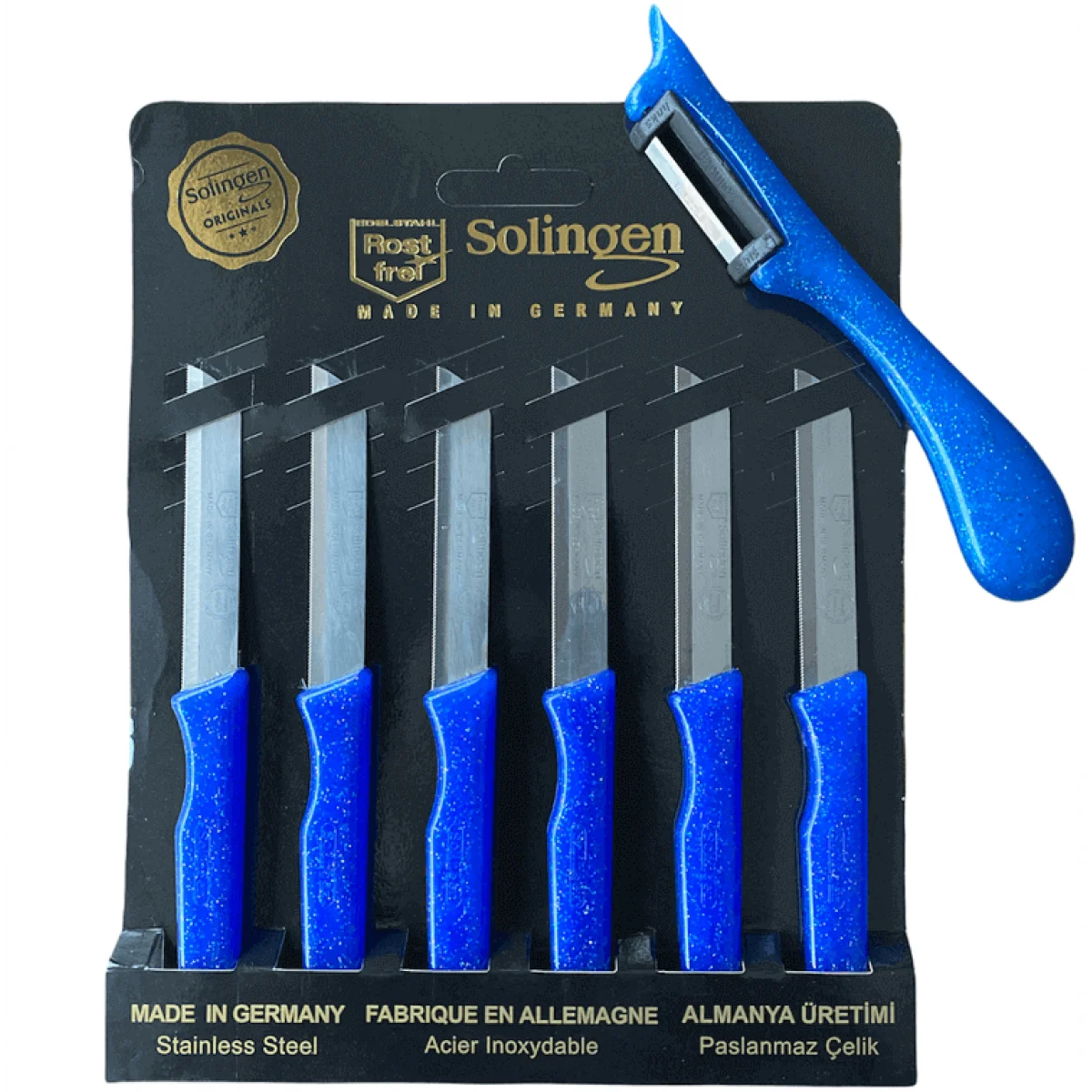 Solingen Tırtıklı Meyve Bıçağı ve Yan Soyacak Mavi