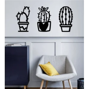 Lazer Kesim Ahşap Duvar Dekoru Kaktüslü Saksılar