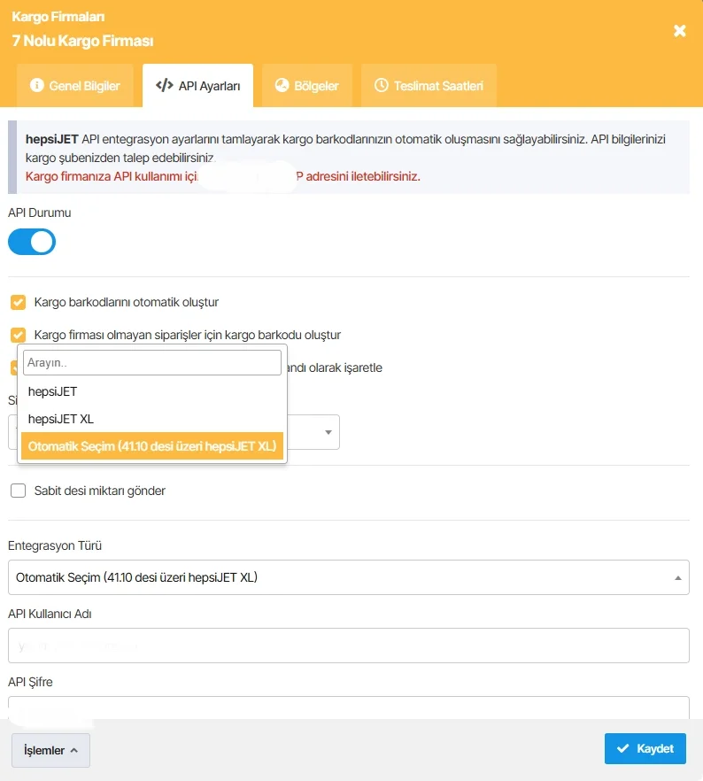 Agesoft HepsiJET XL kargo entegrasyonu