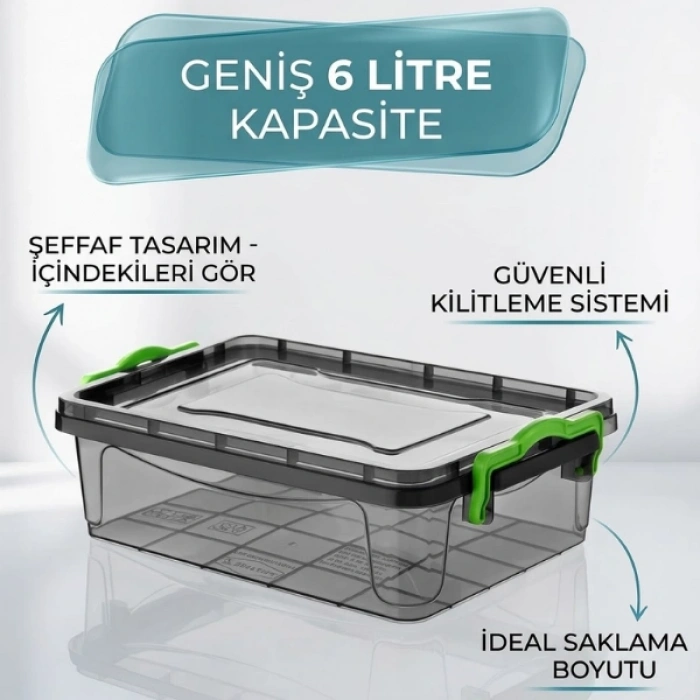 Cazibiz 6 Litre Şeffaf Yeşil Klipsli Sığ Saklama Kutusu-434041