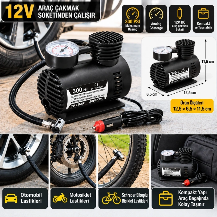 Cazibiz 12V Oto Çakmak Girişli 300 PSI Taşınabilir Hava Kompresörü-421402