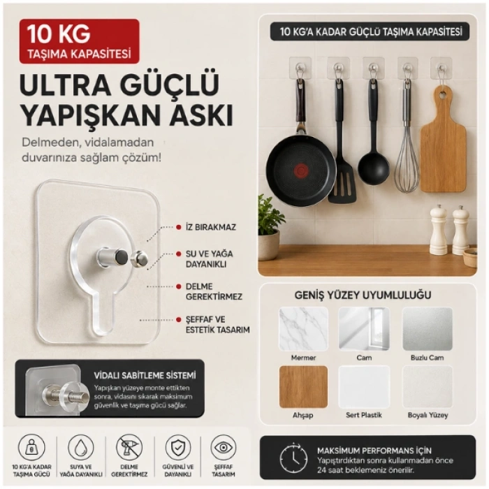 Cazibiz 10 Kg Kapasiteli Ultra Güçlü Şeffaf Yapışkan Askı-966932