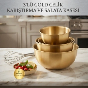 Cazibiz 3lü Gold Paslanmaz Çelik Karıştırma ve Sunum Kasesi Seti-448225