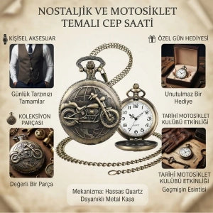 Cazibiz Motosiklet Kabartmalı Antik Görünümlü Köstekli Cep Saati-431295