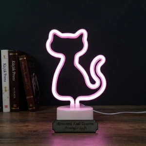 Cazibiz Kedi Tasarımlı Pembe Neon LED Masa Lambası Pil ve USB-425916