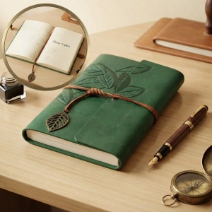 Cazibiz Yaprak Desenli Yeşil Deri Kapaklı Defter-433881