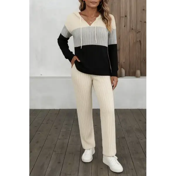 Kadın Uzun Kollu Kapşonlu Bağcıklı Blok Renkli şardonlu Kaşkorse Bluz Ve Pantolon Ikili Takım