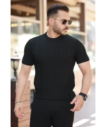 Erkek Desenli çizgi Kabartmalı Kısa Kollu Tişört