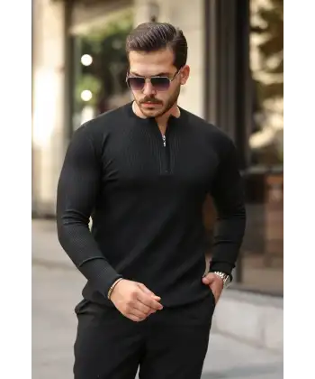 Erkek Fermuarlı Bisiklet Yaka Dokulu Uzun Kollu Triko