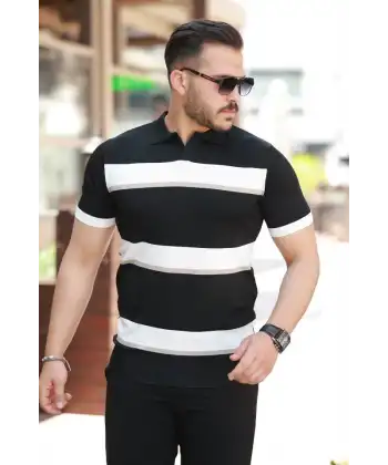 Erkek şerit Desenli Hemşire Yaka Kısa Kollu Tişört