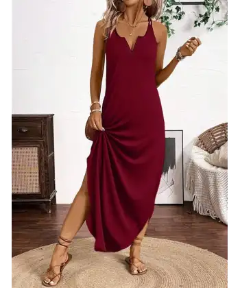 Kadın Askılı Yuvarlak Yaka Asimetrik Detaylı Viskon Elbise