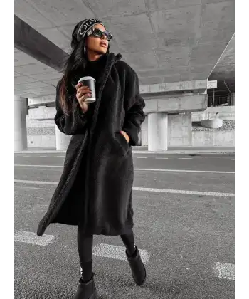 Kadın Kapüşon Ve Cep Detay Uzun Astarsız Wellsoft Ceket