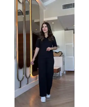 Kadın Kısa Kollu Yakalı Viskon Iki Iplik Bluz Ve Pantolon Ikili Takım