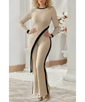 Kadın Uzun Kollu Bisiklet Yaka Asimetrik Kesim Bluz şardonlu Kaşkorse Bluz Ve Pantolon Ikili Takım