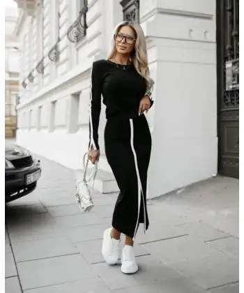 Kadın Uzun Kollu Bisiklet Yaka Kaşkorse Bluz Ve Yırtmaçlı Etek Ikili Takım