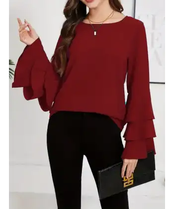 Kadın Uzun Kollu Bisiklet Yaka Kollar İspanyol Volanlı Sandy Bluz